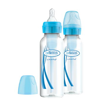 Dr Brown's Natural Flow Options, Πλαστικά Μπιμπερό Μπλε με Στενό Λαιμό & Θηλή Σιλικόνης 250ml 2 Τεμάχια